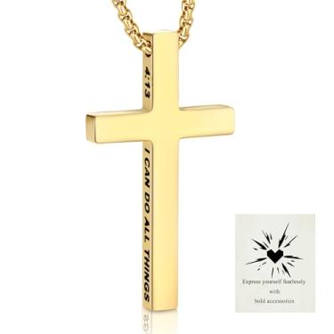 Imagem de XIANNVXI Colar masculino com cruz de aço inoxidável, corrente de cruz de ouro preto e prata para homens, corrente de caixa de joias cristã, 51 cm, 50 cm, 61 cm, pingente de cruz e versículo bíblico