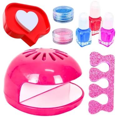 Imagem de Kit manicure infantil brinquedo salão de beleza pedicure cabine estufa secadora de unhas faz de conta esmalte glitter brilhante presente menina 4 anos dia das crianças aniversário natal