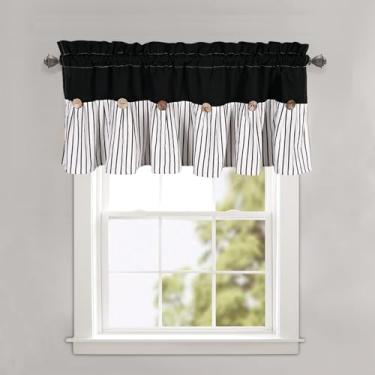 Imagem de Sanefa listrada preta e preta para casa de fazenda, saia rústica de cozinha rústica para janelas, design plissado com detalhe de botão de coco, saia de sala de estar, saia de cortina para quarto, 132