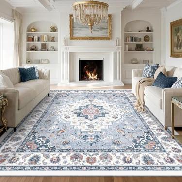 Imagem de Brevonox Tapete de área para sala de estar - Tapete vintage lavável à máquina para quarto e sala de jantar - Tapete macio de pelo baixo antiderrapante tapetes florais para escritório (azul, branco