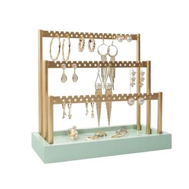 Imagem de SANY DAYO HOME Suporte organizador de brincos de 3 camadas, suporte de brinco de metal dourado de 105 furos, árvore de exibição de joias com bandeja de madeira verde sálvia para mulheres e meninas