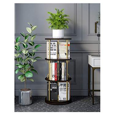 Imagem de Estante giratória criativa com divisórias de madeira e tubos de metal dourado, estante redonda simples do chão ao teto, estante/estante para livros (nogueira preta 3)