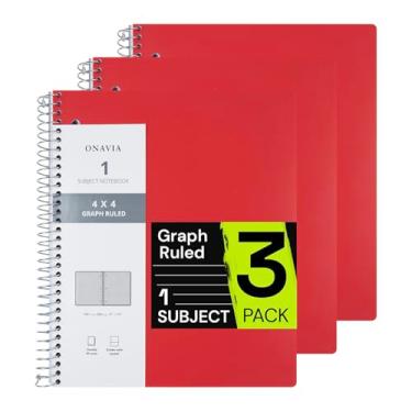 Imagem de ONAVIA Caderno espiral para escola, pacote com 3, 1 matéria, papel pautado com grafos 10 x 10, 100 folhas, 23 x 28 cm, 1 divisória com bolso, 3 furos perfurados, capa de plástico, bloco de notas