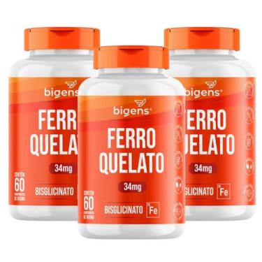 Imagem de 3x Ferro Quelato Bisglicinato 34mg Bigens 60 Tabletes, Sem Sabor