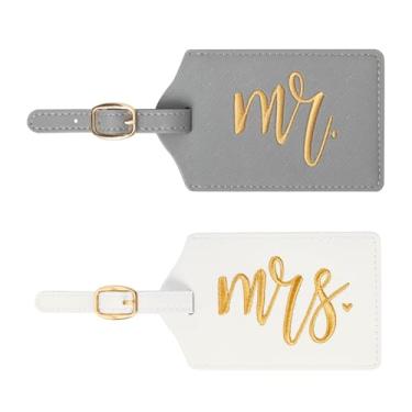 Imagem de Conjunto de etiquetas de bagagem Mr and Mrs, etiquetas de bagagem bordadas, casamento, lua de mel, chá de panela, presentes de noivado, acessório de viagem para casais, recém-casados (cinza/ouro +