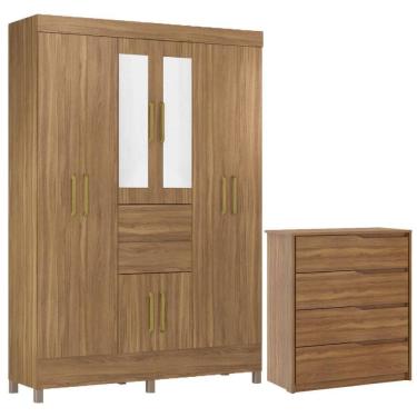 Imagem de Kit Guarda Roupa Casal Com Espelho 8 Portas Munique Cômoda Atria Amêndola Touch