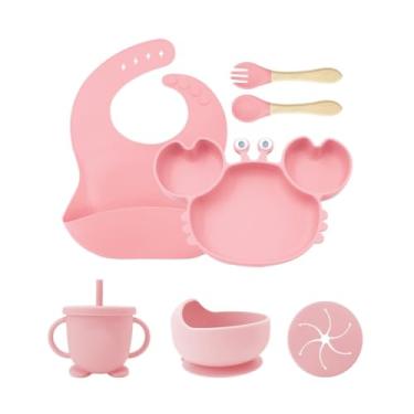 Imagem de Conjunto Refeição De 7 Peças Para Bebe De Silicone Com Ventosa Canudo Talher e Babador (Rosa)