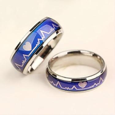 Imagem de JEYKAY Anel de humor de titânio/aço inoxidável que muda de cor, eletrocardiograma com design de corações, caixa de presente incluída., Titânio/aço inoxidável