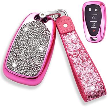 Imagem de Royalfox Capa para chave remota inteligente com strass de diamante 3 4 5 6 botões 3D para Chevrolet Malibu Camaro Cruze Traverse Spark Sonic com alça de chave (rosa)