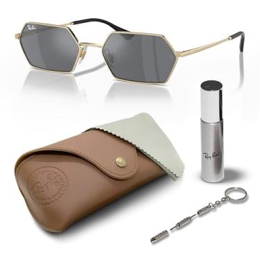 Imagem de Ray-Ban RB3728 YEVI Óculos de sol quadrados redondos de base biológica para homens e mulheres com kit oficial de óculos RAYBAN, Armação dourada clara polida | Lente cinza escuro, 58 mm