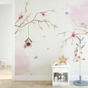 Imagem de Papel de Parede Quarto Menina Galhos e Pássaros Aquarela 6m²