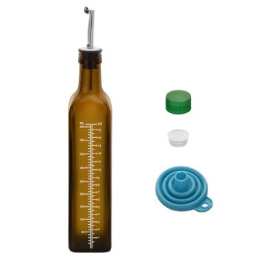 Imagem de 1 garrafa dispensadora de azeite de oliva de 500 ml, conjunto dispensador de óleo de vidro e vinagre de 500 ml com 1 dosador de aço inoxidável, garrafas de óleo de funil para cozinha (escala marrom)