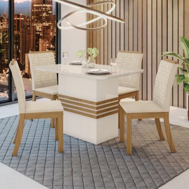 Imagem de Conjunto Sala De Jantar Tampo Mdf Com Vidro Canto Arredondado 120 Cm 04 Cadeiras Marilia Casa 812 Off White Com Nature E Linho