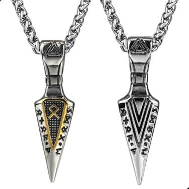 Imagem de Colar Viking Masculino Flecha com Runas em Aço Inox 316L – Cordão Nórdico Pingente Ponta de Lança de Thor e Valknut de Odin – Presente Amuleto de Proteção e Força, Acessório Tribal (Prateado)