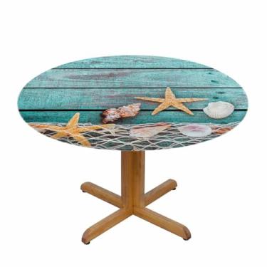 Imagem de YINRON Toalha de mesa redonda estrela do mar rede de pesca com concha pintada rústica azul tábua de madeira toalha de mesa para jantar em ambientes internos, festas de piquenique ao ar livre,