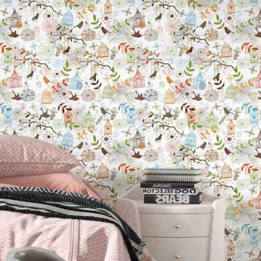 Imagem de Papel De Parede Adesivo Passarinho Folhas Coloridas 3m - DELIQUADROS