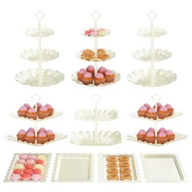 Imagem de 10 peças de suporte de cupcake, conjunto de exibição de mesa de sobremesa, mesa de petiscos, bolo de doces, bandeja em camadas de deserto, bandejas de 3 camadas para chá de chá, decoração de chá de
