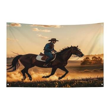 Imagem de Bandeira com quatro furos bandeiras para todos os climas cowboys montando cavalos bandeira decorativa bandeiras de poliéster adequadas para uso interno e externo 89 x 159 centímetros