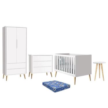 Imagem de Dormitório Theo Retrô 2 Portas, Cômoda, Berço, Mesa de Apoio com Pés Madeira Natural e Colchão - Reller Móveis Branco Fosco