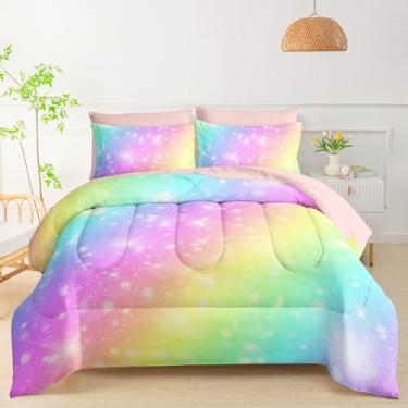 Imagem de QOOMO Conjunto de 7 peças para decoração de quarto infantil com estampa de arco-íris gradiente, tamanho casal com 1 edredom, 2 fronhas, 2 fronhas rosa, 1 lençol com elástico, 1 lençol de cima