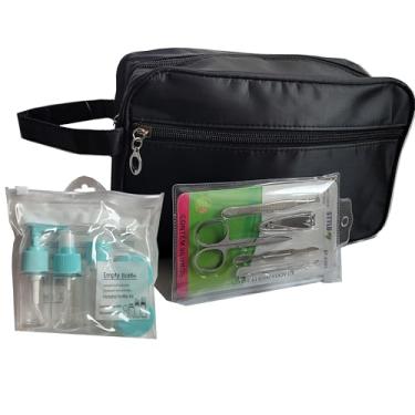 Imagem de Necessaire Grande Preta, Azul, Masculina, Feminino, Unissex, com Kit Viagem 3 Frascos Azul e Kit Beleza Unhas Acessórios em Inox, Bolsa de Viagem, Organizadora de Higiene, Estojo Grande Maquiagem NV6