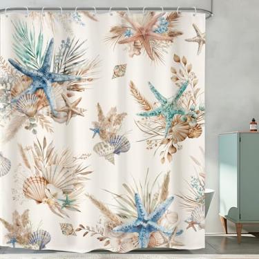 Imagem de Omifly Cortina de chuveiro estrela-do-mar e conchas 152 cm L x 183 cm A praia pampas costeira oceano náutico vintage bege retrô mar com 12 ganchos de plástico tecido à prova d'água acessórios de