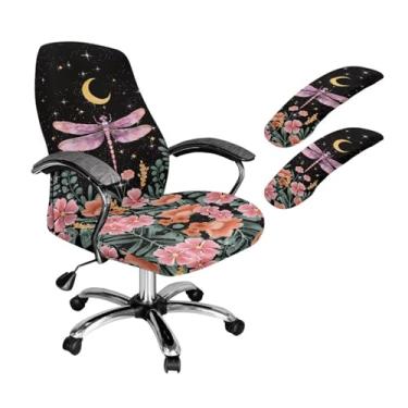 Imagem de SAJJWHHR Capa de cadeira de computador com estampa de lua floral com capa de apoio de braço, capa de cadeira de escritório removível com estampa de libélula, protetor de cadeiras de encosto alto