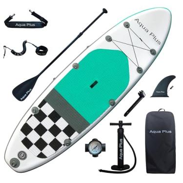 Imagem de Aqua Plus 3 m x 84 cm x 15 cm SUP inflável para todos os níveis de habilidade. Barco com remo de sustentação. Almofada ajustável. Bomba de ação dupla. Mochila ISUP para viagem, coleira, alça de ombro, bolsa impermeável de TPU