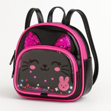 Imagem de Mochila Infantil Gatinha com Lantejoulas, Bolso Transparente e Detalhe