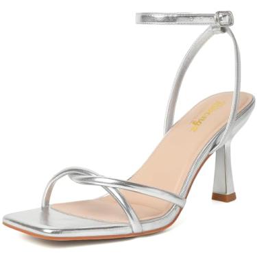 Imagem de RIBONGZ Sandálias femininas de salto quadrado, bico aberto, salto gatinho com tira no tornozelo, elegante, verão, casamento, festa, formatura, uso diário, cadarço, Prata, 36