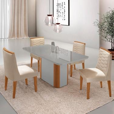 Imagem de Mesa de Jantar Isadora 120cm Tampo Canto Copo MDF Vidro com 4 Cadeiras Eloise