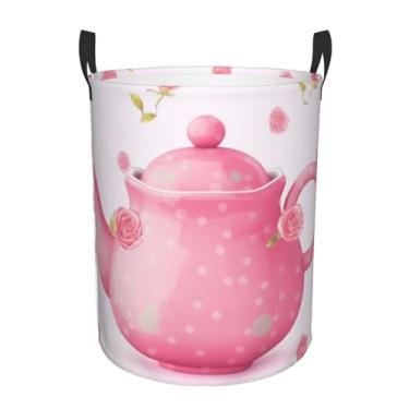 Imagem de Bule de chá rosa cesto de roupa suja dobrável à prova d'água cesto de armazenamento de roupas com alças pano oxford organizador de brinquedos cesta para banheiro, lavanderia, quarto, pequeno