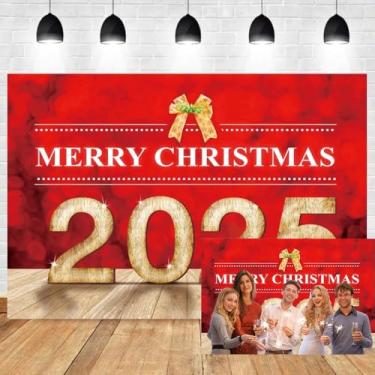 Imagem de Leyiyi 1,8 x 1,2 m Fundo fotográfico Feliz Natal 2025 Feliz Ano Novo Vermelho Natal Bokeh Halo Spot Personagens Vinatage Piso de Madeira Plano, Christain Church, Foto Retrato Vinil Studio Prop