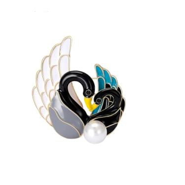 Imagem de Broche de cisne duplo pérola esmalte preto branco cisne animal broche engraçado lapela broche feminino masculino moda vestido terno suéter decorações casal cisne joias, one size, Zinco, Sem Pedra
