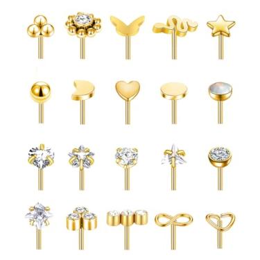 Imagem de Tornito 20 peças de anéis de nariz sem rosca de aço inoxidável push in tops de substituição CZ borboleta cartilagem hélice tragus concha lábio labret piercing de narina para mulheres homens 16G 18G