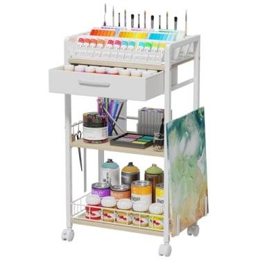 Imagem de Homsorout Carrinho de rodinhas de 3 níveis – Carrinho utilitário de metal com gaveta de armazenamento e rodas, organizador versátil de arte e artesanato para casa, escritório ou estúdio, ideal para