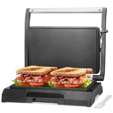 Imagem de Baker's Friend Frigideira elétrica Mini Panini, 2 fatias de prensa de sanduíche Panini, sanduíche elétrico para panquecas e ovos, bandeja de óleo, superfícies antiaderentes, aço inoxidável