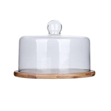 Imagem de Suporte de bolo bandeja de bolo mesa de sobremesa de madeira cobertura de vidro para assar chá da tarde lanches prato de degustação de frutas minimalista suporte de bolo prato de bolo doces cupcake