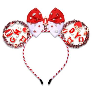 Imagem de PHALIN Faixa de cabeça para dia de jogo, acessórios para mulheres, meninas, vermelho, branco, futebol, laço, rato, orelha, acessórios de cabelo, esportes, lembrancinhas de festa, presentes (vermelho e