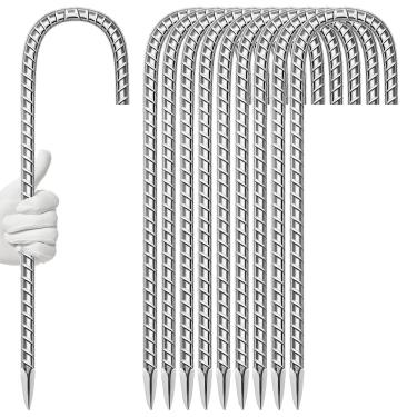 Imagem de Pacote com 10 estacas de vergalhão de jardim de 40,6 cm, aço galvanizado antiferrugem, gancho em forma de J, âncoras de solo resistentes para tendas, kits de posição, cercas e tecido paisagístico de