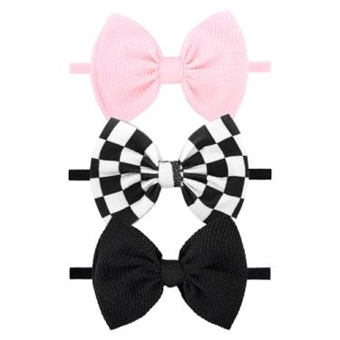 Imagem de YanJie 3 peças de laços xadrez de 11 cm para bebês meninas, faixa de cabeça rosa, acessórios de cabelo preto para meninas recém-nascidas, roupas de meninas recém-nascidas