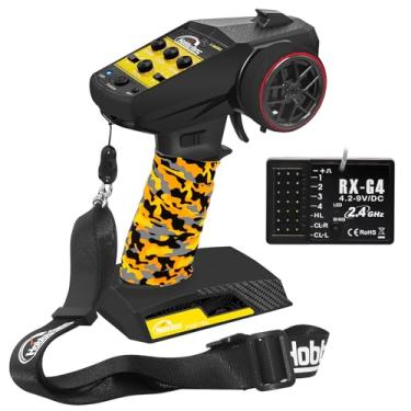 Imagem de Hobby Fans RC Radio System 4CH 2.4G RC Transmitter with Receiver and Lanyard & Sweat Absorbed Non-Slip Band Anti-Jamming Remote Controller for 1/10 1/12 1/14 1/16 1/18 1/24 RC Car Crawler Boat, Yellow