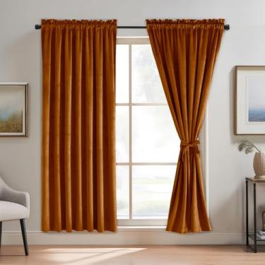 Imagem de JIUZHEN Cortinas de veludo blecaute vermelho terracota para quarto, super macias, espessas, isolamento térmico, escurecimento do quarto, cortinas blackout para sala de estar/escritório, conjunto de 2