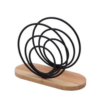 Imagem de Porta-guardanapos de ferro forjado - Suporte de mesa vertical preto dourado com base de madeira - Design oco retrô para cafeterias (Preto)