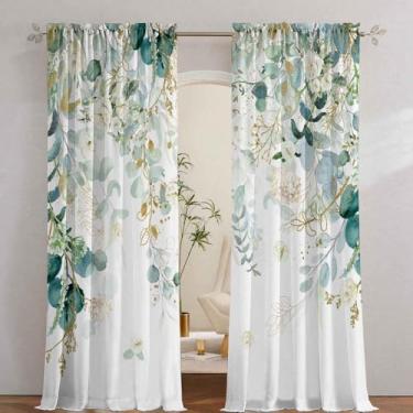Imagem de Cortinas botânicas verdes douradas 246 cm de comprimento para sala de estar, folhas de eucalipto, cortinas de filtragem de luz, verde sálvia, branco, cortinas florais para quarto, casa de fazenda