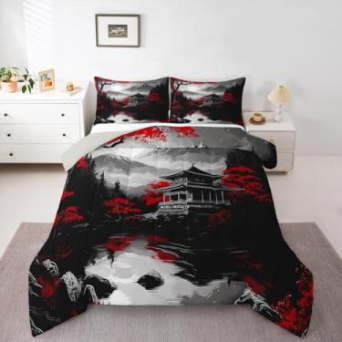 Imagem de Feelyou Conjunto de edredom com pintura de tinta oriental para todas as estações, arquitetura antiga, conjunto de cama com 2 fronhas, microfibra de bordo, roupa de cama infantil, para decoração de