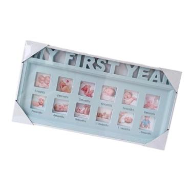 Imagem de IEUDNS Moldura para fotos do primeiro ano, moldura para lembranças de bebê, colagem, exibição de fotos de bebês, álbum de mesa de parede para novos pais e, Azul