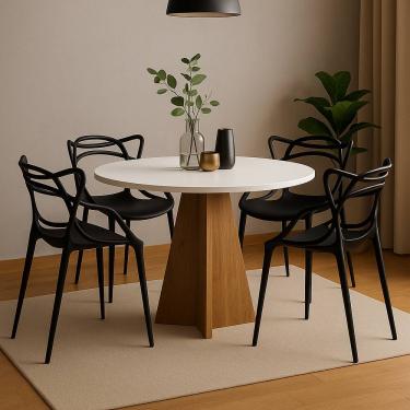 Imagem de Mesa de Jantar Redonda com 4 Cadeiras Pretas Allegra – Tampo Branco e Base de Madeira Moderna