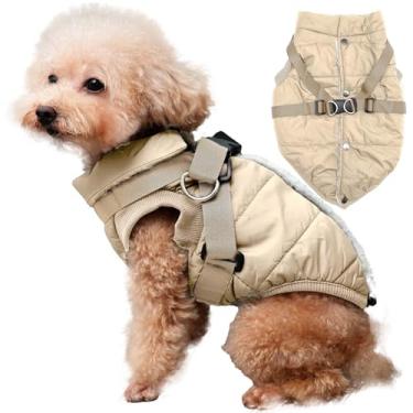 Imagem de JoyDaog Jaqueta para cachorro com arnês, casaco quente forrado com lã para o inverno, colete macio à prova de vento para cães pequenos, cáqui PP