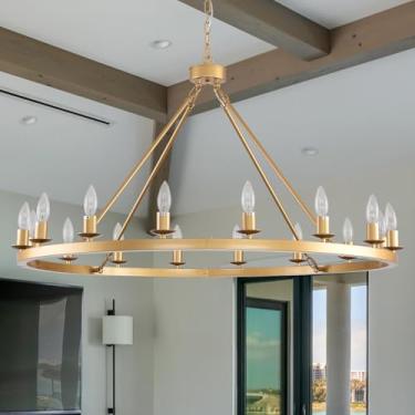 Imagem de JKLX Lustre de roda de vagão dourado de 101,6 cm, lustres de roda redonda de 16 luzes para casa de fazenda, tetos altos, luminária pendurada ao ar livre, para varanda, hall de entrada, sala de jantar